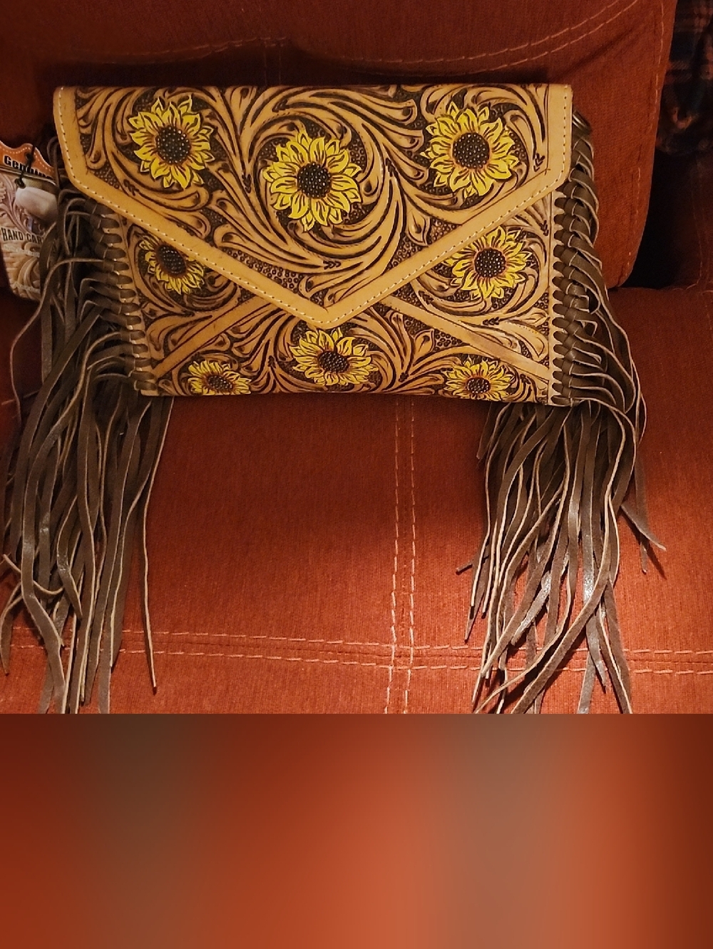 American Darling Yellow Sunflower Tooled Fringe Crossbody Bag
